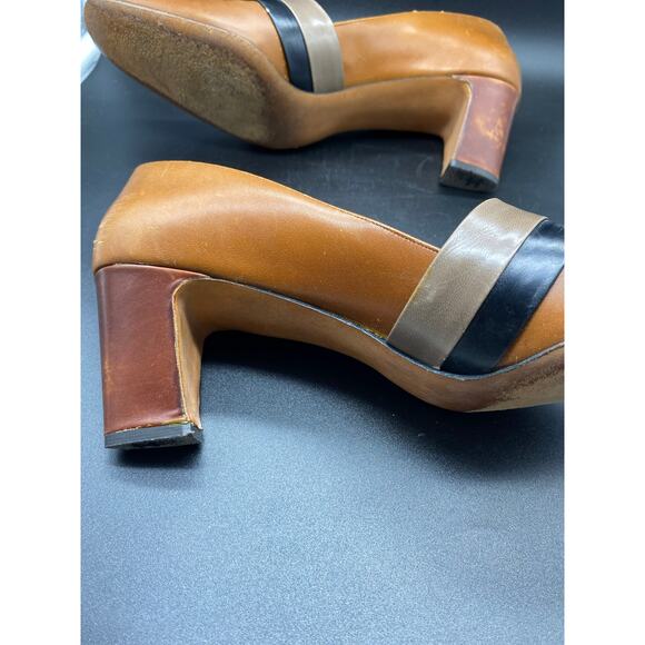 1960s Tri-Tone Leather Neutral Mod Heels Secretary Pump Baynhams Palizzio - Picture 4 of 10